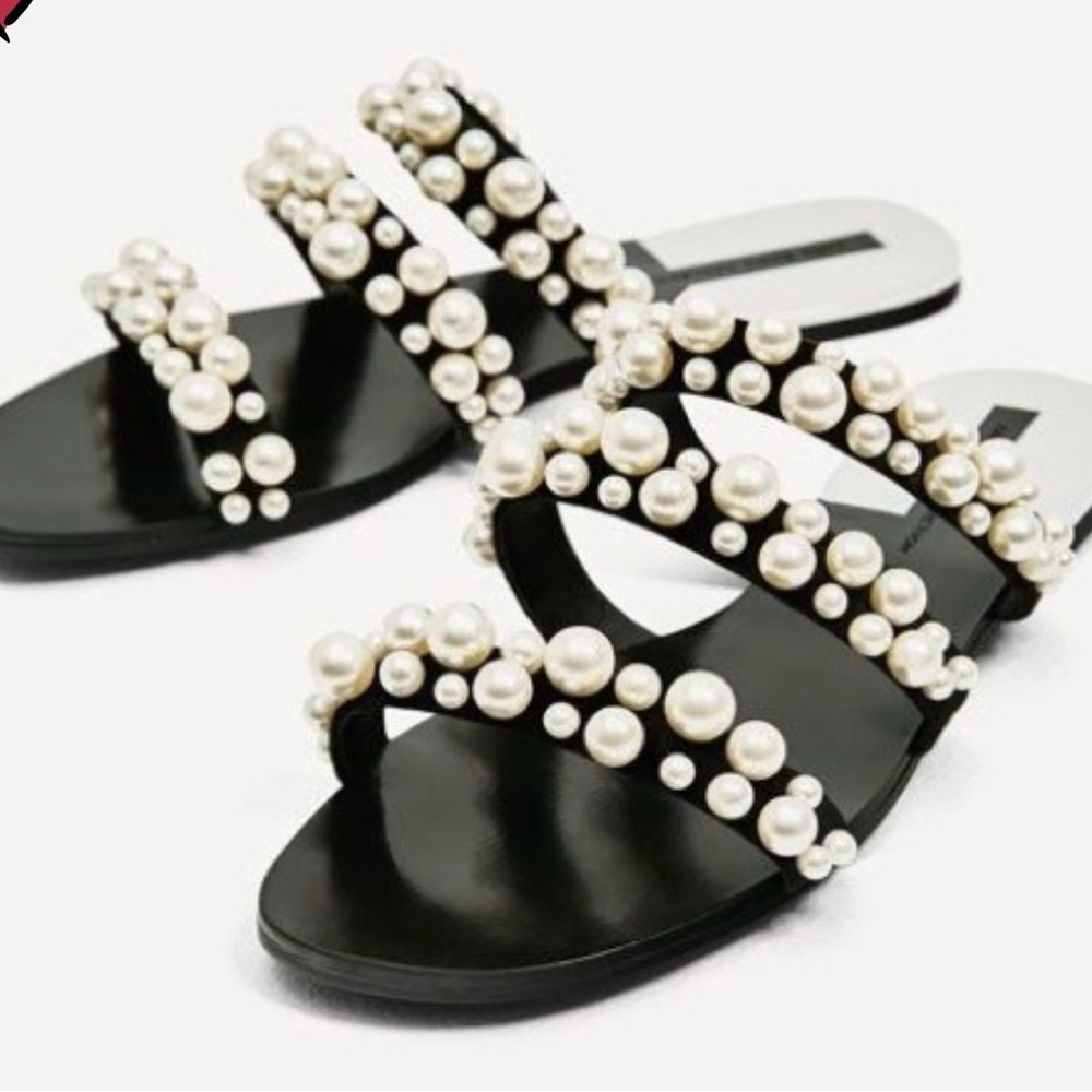 Black and White Pearl Embellished Sandals by Zara Basic Collection. Size 6.0